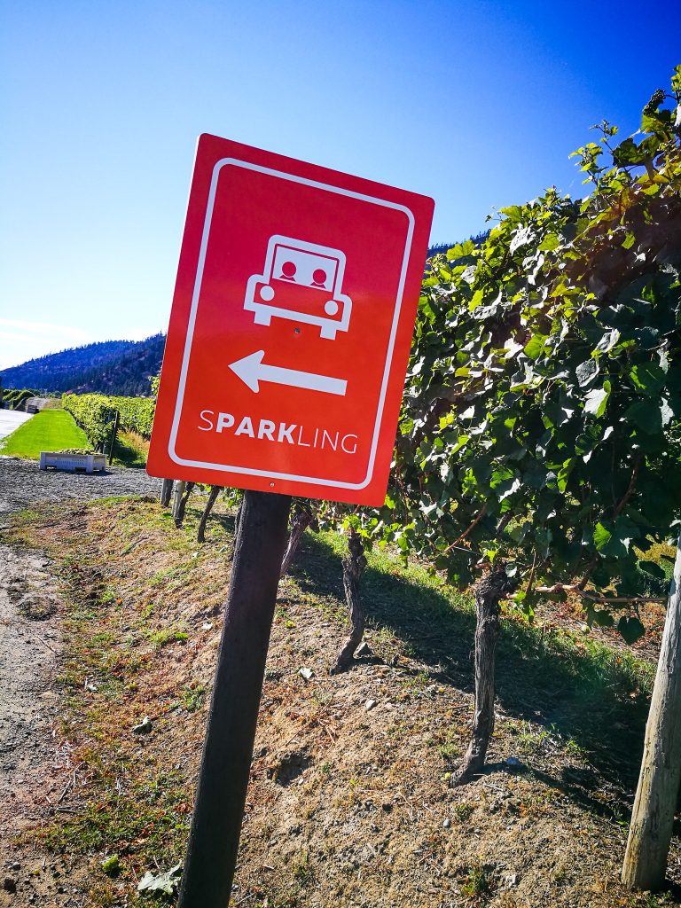 Značka vo viniciach oranžová, ktorá značí parkovanie s piktogramom bieleho autíčka a pod tým šípka doľava a nápis "S-PARK-LING"